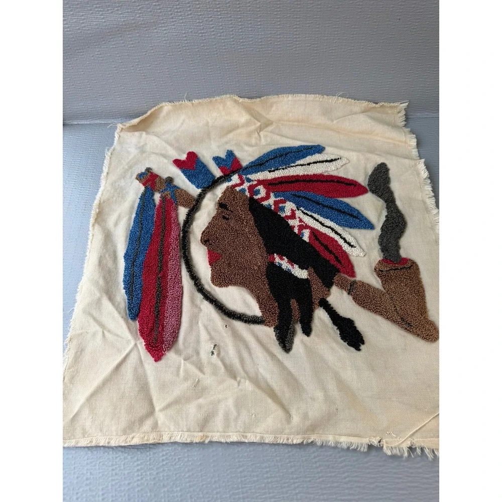 Vintage Punch Needle Rug Hook Native American Chief Textile Art Handmade 17x18